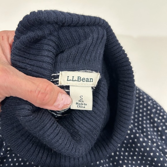 LL Bean Fair Isle Cotton Cashmere Sweater Navy Blue Turtleneck Deer Small 503413 - Picture 6 of 8